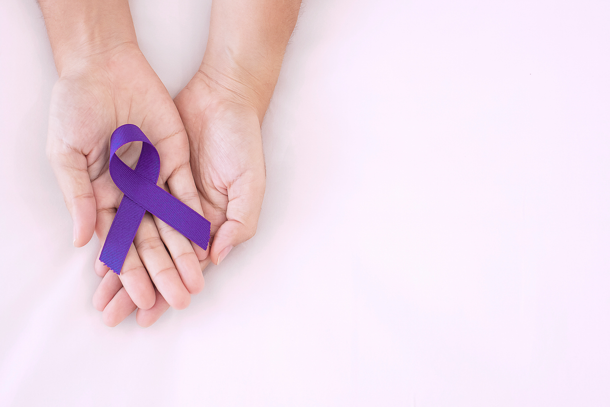 Pancreatic Cancer, World Alzheimer, Epilepsy, Lupus And Domestic Violence Day Awareness Month, Woman Holding Purple Ribbon For Supporting People Living. Healthcare And World Cancer Day Concept